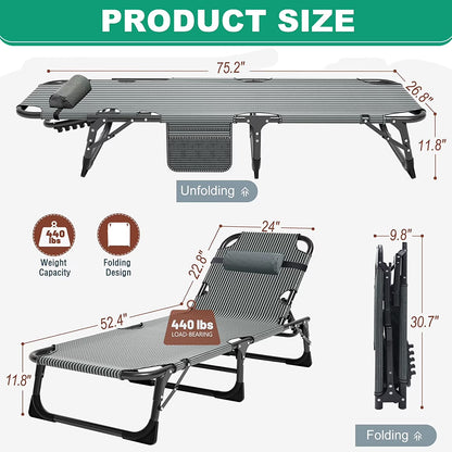 Folding Chaise Lounge Chair 5-Position, Folding Cot, Heavy Duty Patio Chaise Lounges for Outside, Poolside, Beach, Lawn, Camping