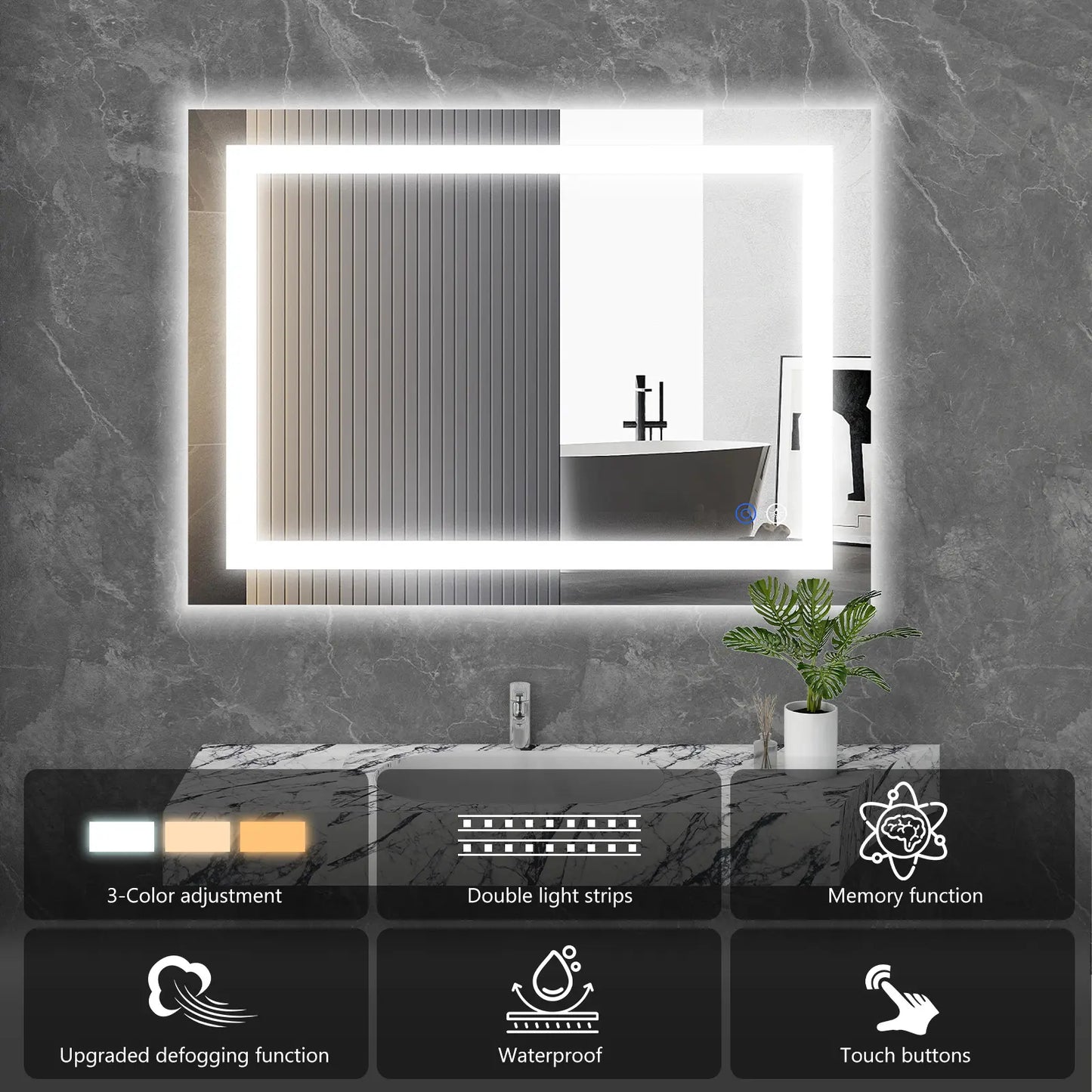 LED Bathroom Vanity Mirror for Wall with Double Front and Back Light, Anti-Fog, Shatter-Proof, Dimmable, Tempered Glass, Memory Function