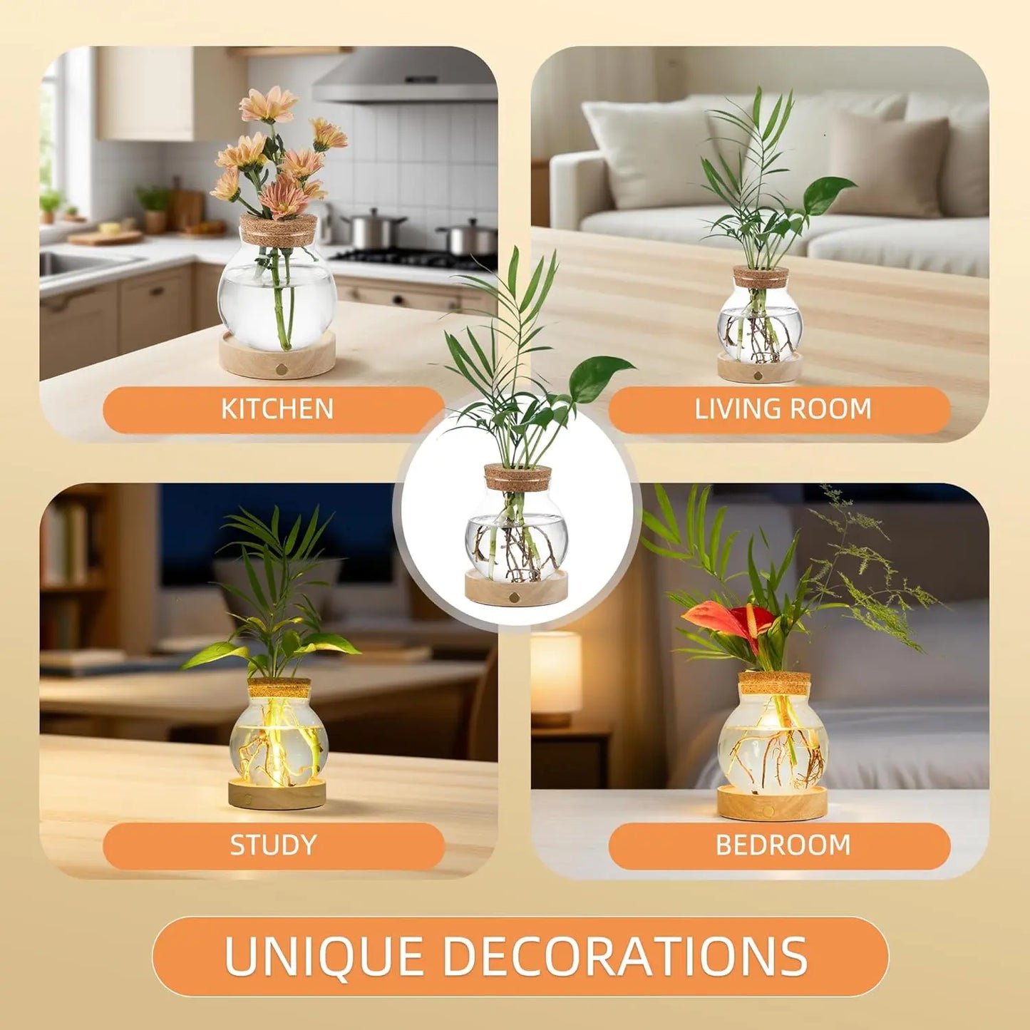 Plant Propagation Station with Wooden Saucer, Glass Terrarium with Stepless Dimming Function Glass Container Vase Jars Gardening Gifts for Mom Women Plant Lovers