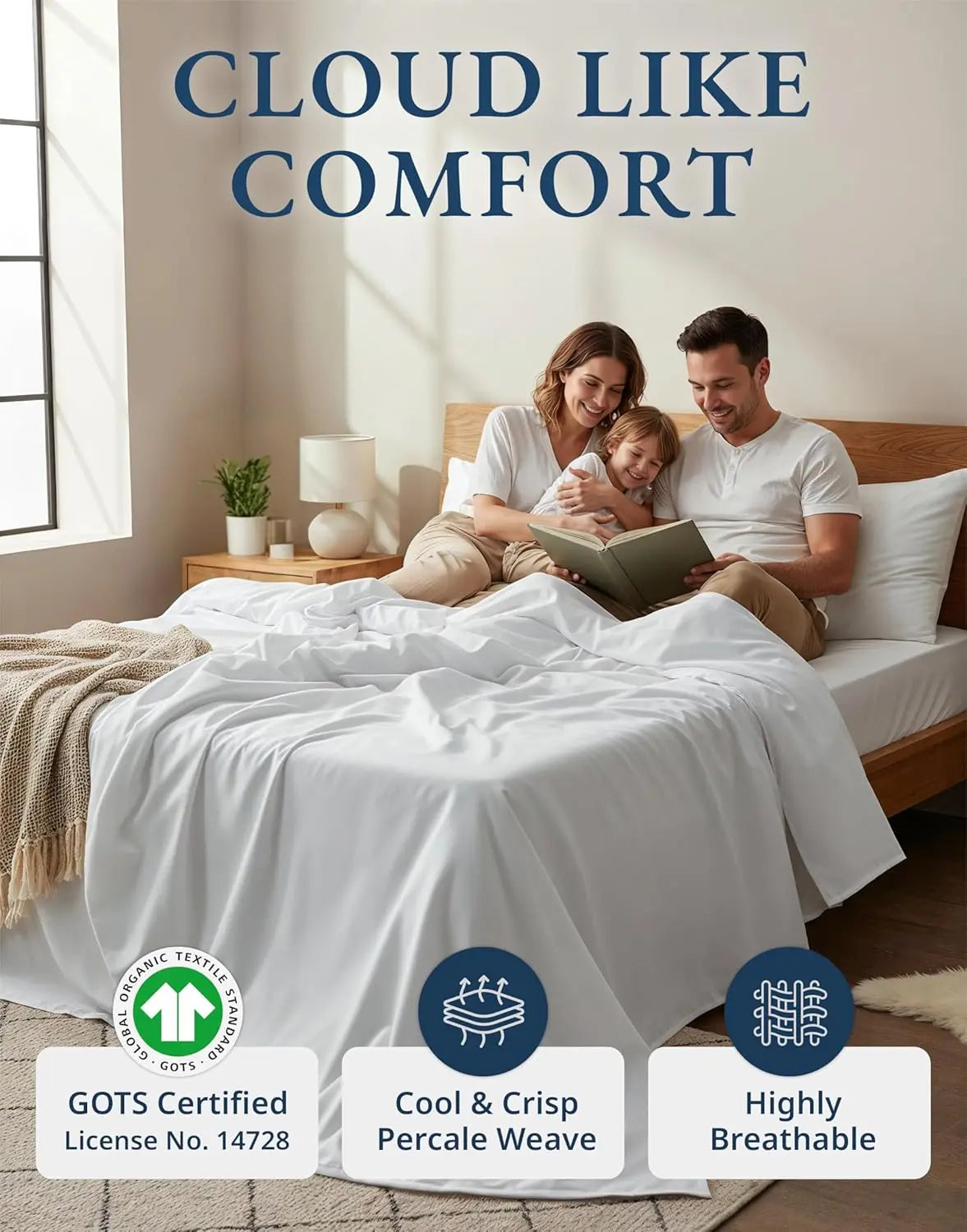 LANE LINEN 100% Organic Cotton Percale Weave Sheets Set - 15" Deep Pocket Fitted Sheet, Breathable Bedding for Dorm Rooms, White Twin Size Bed Essentials