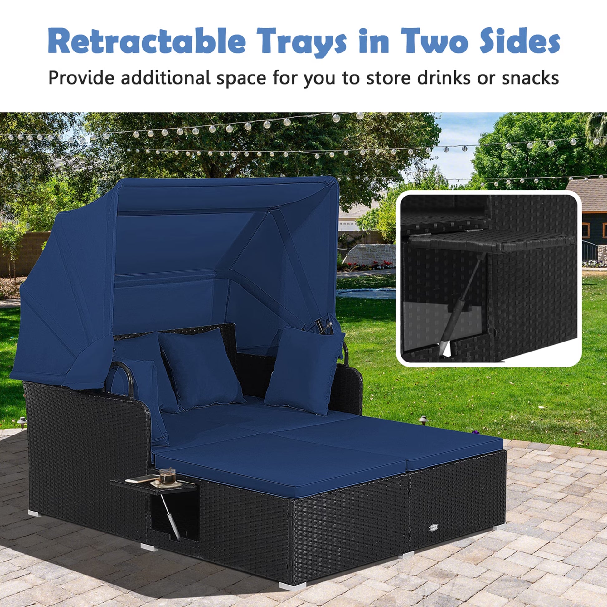 Patio Rattan Daybed Lounge Retractable Top Canopy Side Tables Cushions Navy