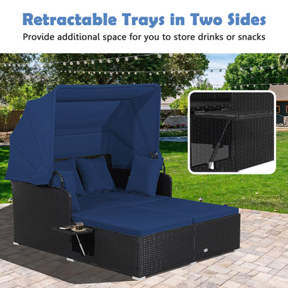 Patio Rattan Daybed Lounge Retractable Top Canopy Side Tables Cushions Navy