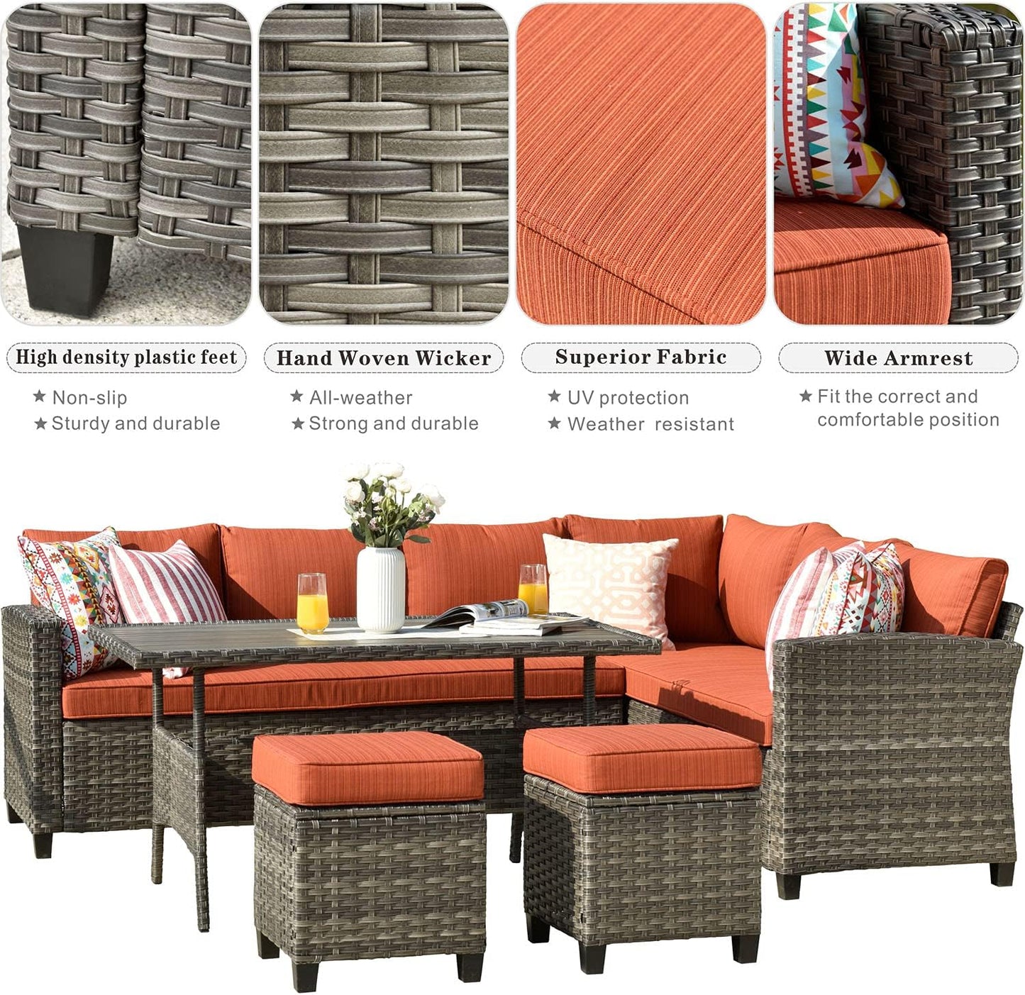 Patio Furniture Sets Patio Dining Set 5 Piece Wicker Patio Furniture Sets for 6 with Dining Table, Outdoor Furniture Sets Clearance (Orange Red)