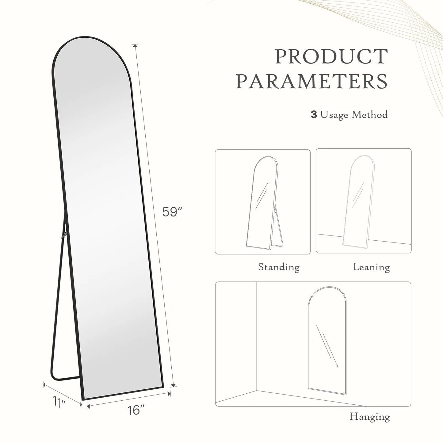 Full Length Mirror, Floor Standing Mirror with Stand, Wall Aluminum Alloy Thin Frame Hanging or Leaning for Living Room Bedroom Cloakroom Decorating