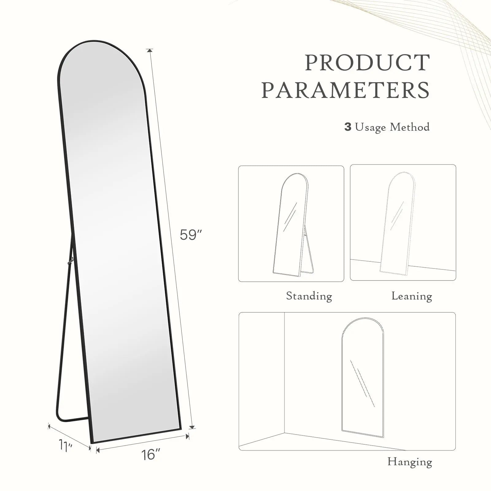 Full Length Mirror, Floor Standing Mirror with Stand, Wall Aluminum Alloy Thin Frame Hanging or Leaning for Living Room Bedroom Cloakroom Decorating