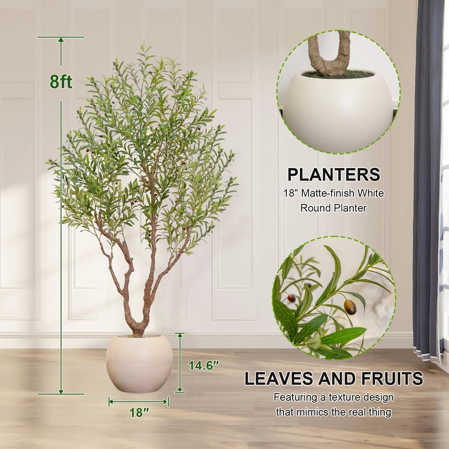 Exquisite Artificial Olive Tree, 7 Feet/8 Feet Tall, with a 16-Inch round White Pot, Decorated with Delicate Moss, Artificial Plants, a Natural Wood Trunk, and Lifelike Fruit. Ideal for Home and Office Decor.