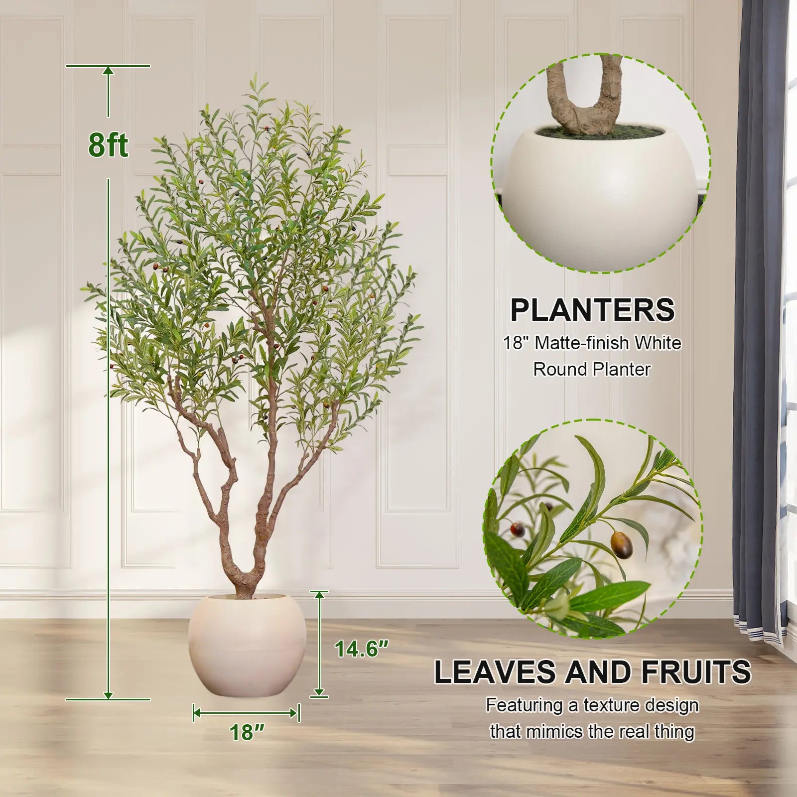 Exquisite Artificial Olive Tree, 7 Feet/8 Feet Tall, with a 16-Inch round White Pot, Decorated with Delicate Moss, Artificial Plants, a Natural Wood Trunk, and Lifelike Fruit. Ideal for Home and Office Decor.