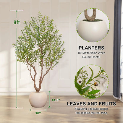 Exquisite Artificial Olive Tree, 7 Feet/8 Feet Tall, with a 16-Inch round White Pot, Decorated with Delicate Moss, Artificial Plants, a Natural Wood Trunk, and Lifelike Fruit. Ideal for Home and Office Decor.