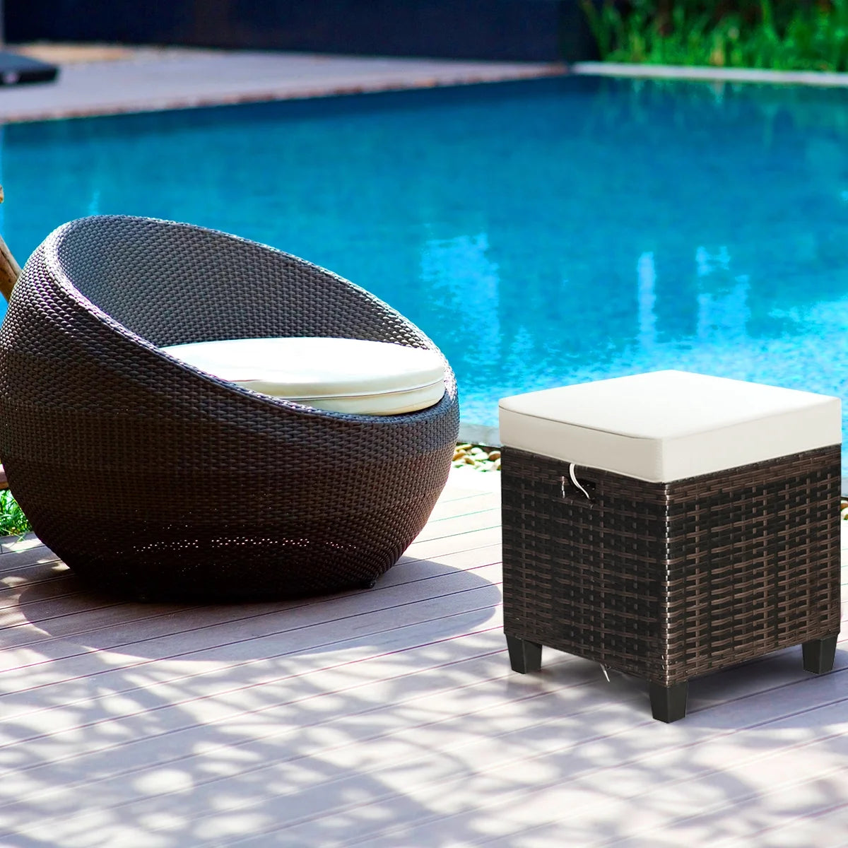 2PCS Patio Rattan Ottoman Cushioned Seat Foot Rest Coffee Table