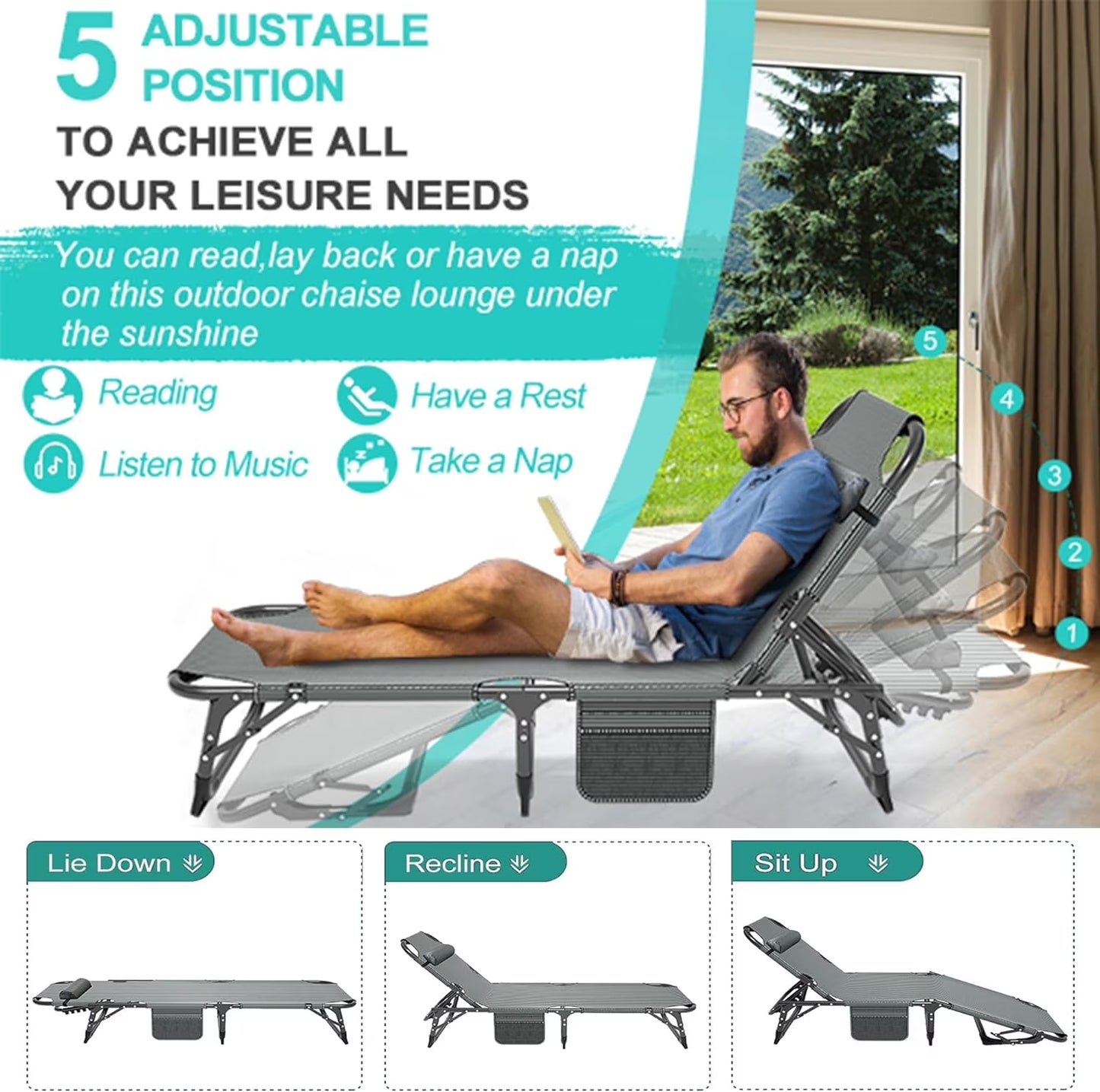 Folding Chaise Lounge Chair 5-Position, Folding Cot, Heavy Duty Patio Chaise Lounges for Outside, Poolside, Beach, Lawn, Camping