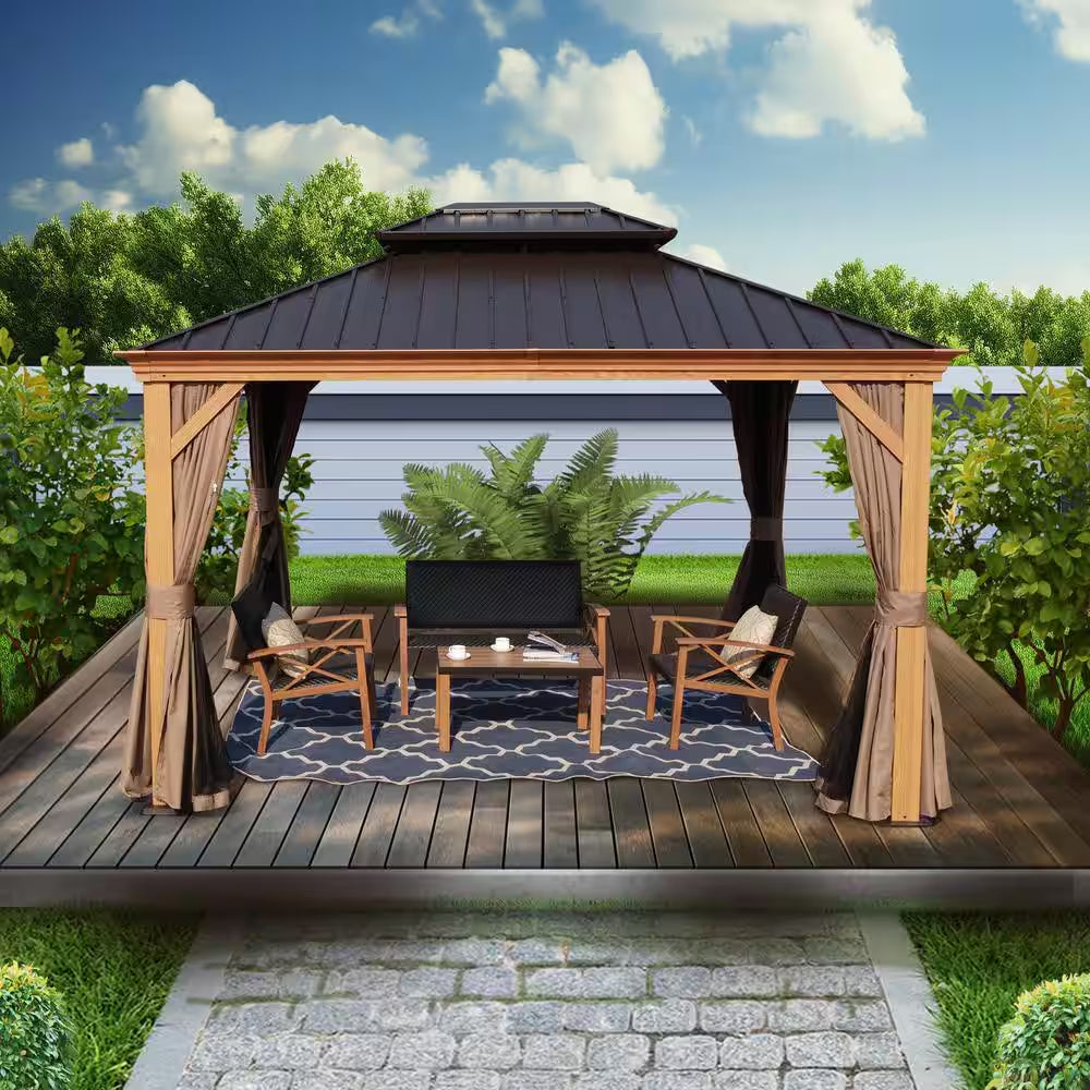 Apollo 10 Ft. X 12 Ft. Wood like Aluminum Hardtop Gazebo with Galvanized Steel Roof and Mosquito Net