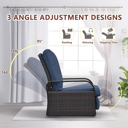 Wicker Outdoor Patio Adjustable Recliner Chair with Navy Blue Cushion