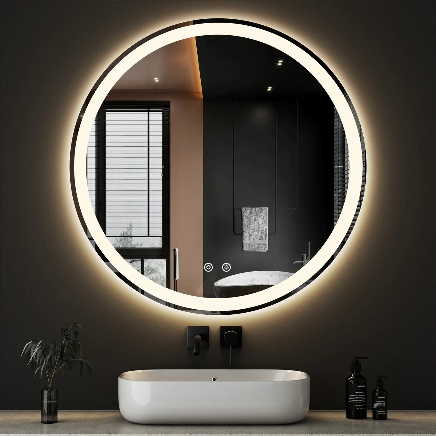 Round LED Bathroom Mirror with Lights, Circle Vanity Mirror with Anti-Fog, Dimmable, 3-Color Light, Memory Function, Tempered Glass