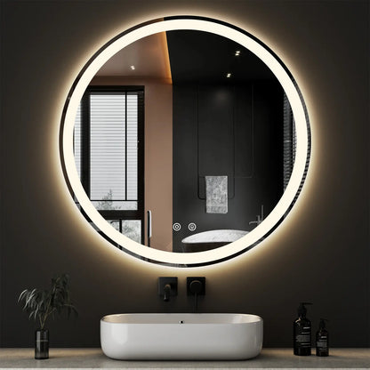 Round LED Bathroom Mirror with Lights, Circle Vanity Mirror with Anti-Fog, Dimmable, 3-Color Light, Memory Function, Tempered Glass