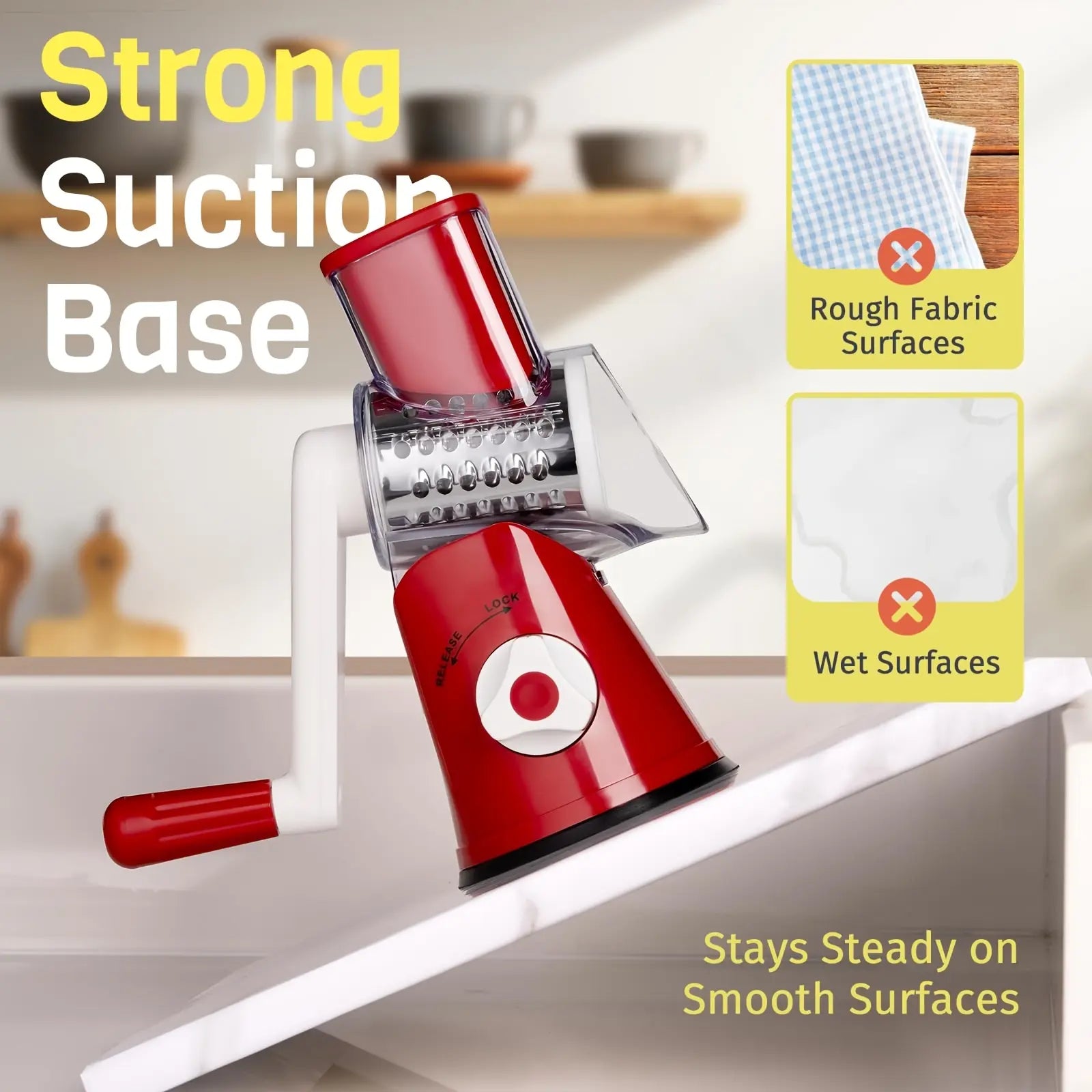 Rotary Cheese Grater with Handle Vegetable Shredder with 5 Well-Designed Blades & Strong Suction Base, round Mandoline Slicer & Food Chopper with Blade Storage Box (Red)