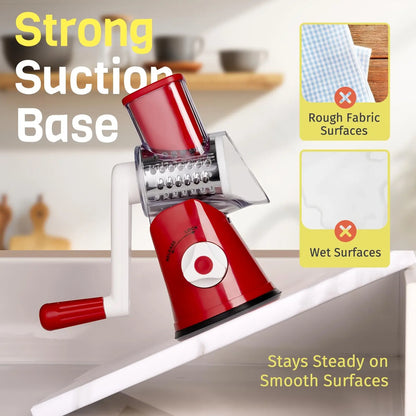 Rotary Cheese Grater with Handle Vegetable Shredder with 5 Well-Designed Blades & Strong Suction Base, round Mandoline Slicer & Food Chopper with Blade Storage Box (Red)