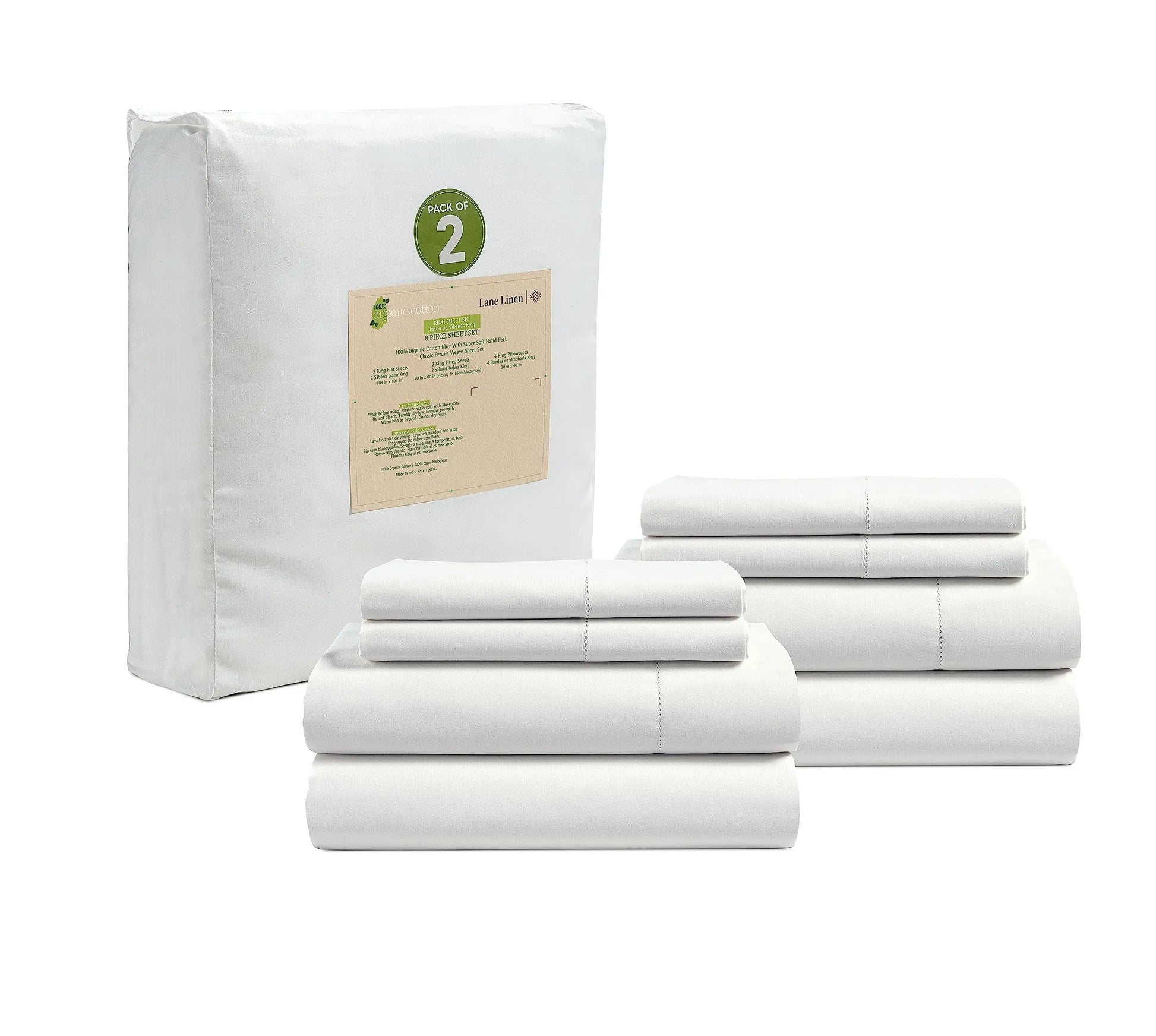 LANE LINEN 100% Organic Cotton Percale Weave Sheets Set - 15" Deep Pocket Fitted Sheet, Breathable Bedding for Dorm Rooms, White Twin Size Bed Essentials