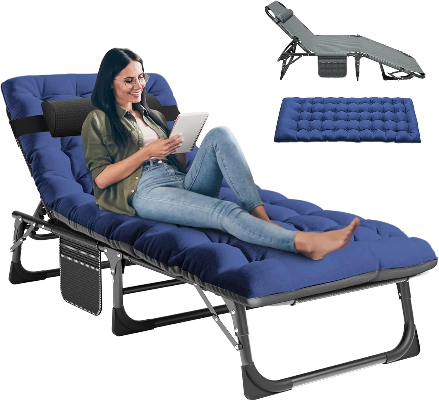 Folding Chaise Lounge Chair 5-Position, Folding Cot, Heavy Duty Patio Chaise Lounges for Outside, Poolside, Beach, Lawn, Camping