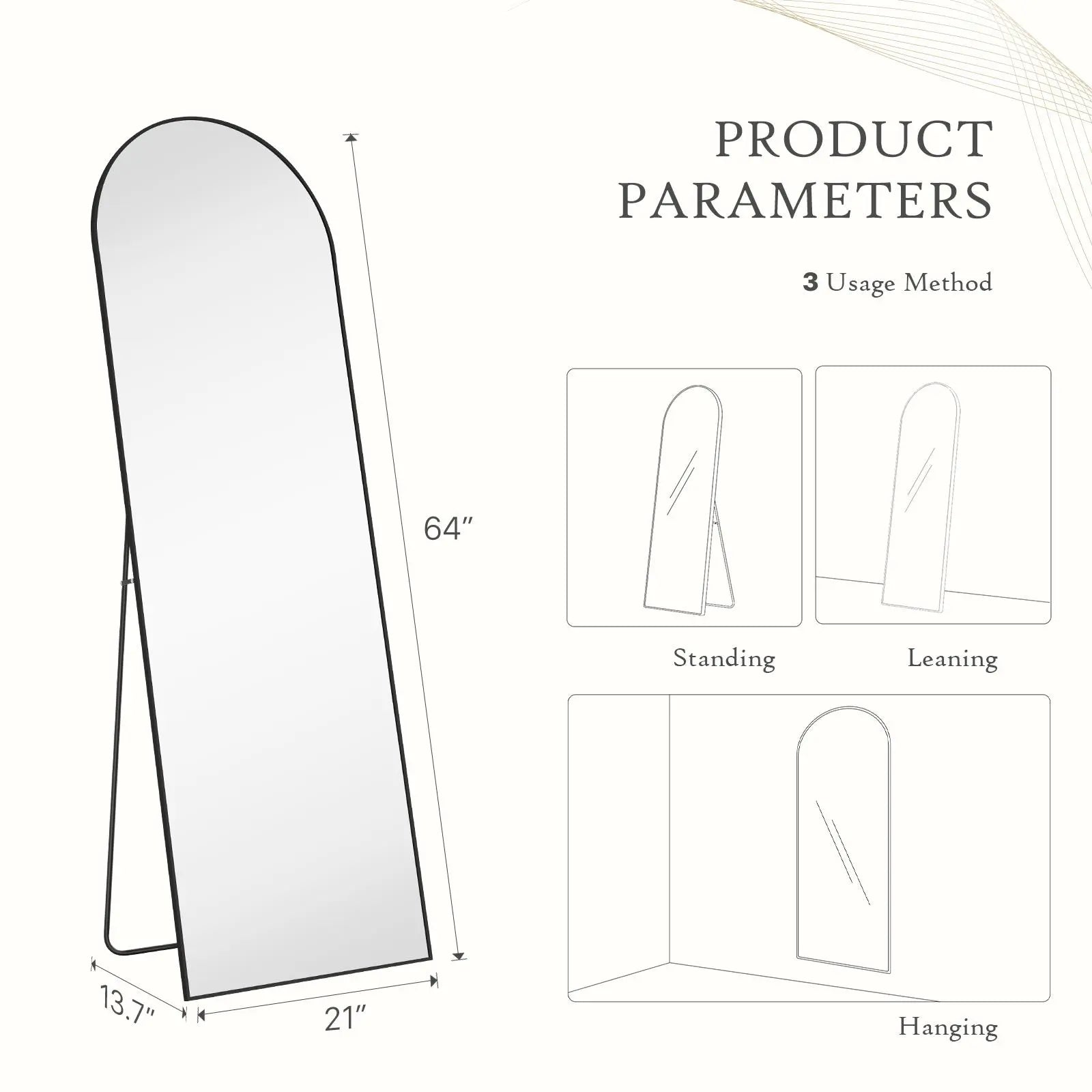 Full Length Mirror, Floor Standing Mirror with Stand, Wall Aluminum Alloy Thin Frame Hanging or Leaning for Living Room Bedroom Cloakroom Decorating