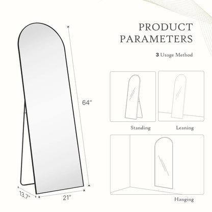 Full Length Mirror, Floor Standing Mirror with Stand, Wall Aluminum Alloy Thin Frame Hanging or Leaning for Living Room Bedroom Cloakroom Decorating