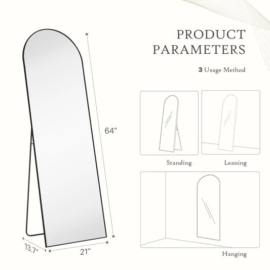 Full Length Mirror, Floor Standing Mirror with Stand, Wall Aluminum Alloy Thin Frame Hanging or Leaning for Living Room Bedroom Cloakroom Decorating