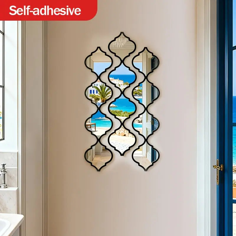 9Pcs Large Moroccan-Style Artistic Combination Decorative Wall Mounted Mirror | Classic Black, Wall Mount, Plastic Frame, Polished End - Ideal for Bathroom, Living Room, Hallway Decor, Decoration, Perfect Valentine'S Day Gift
