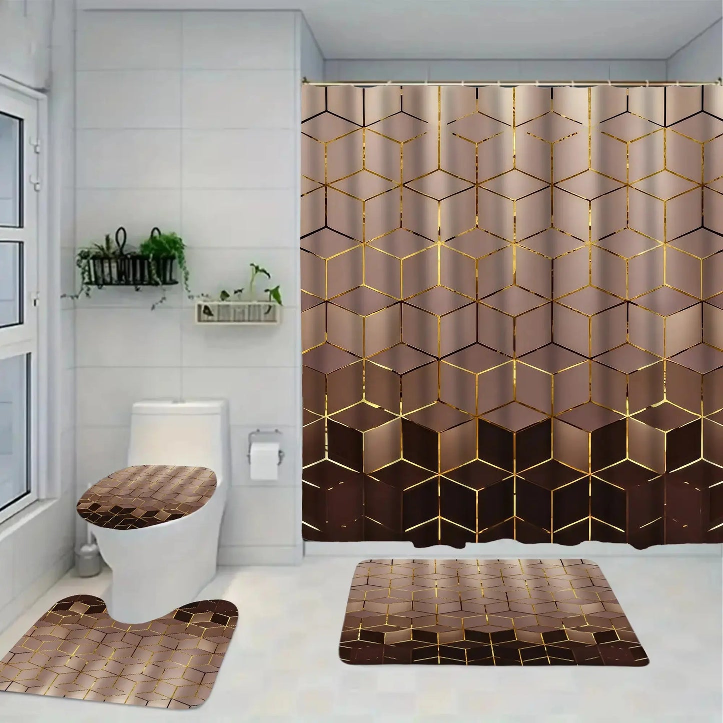 1/4 Piece Golden Cube Pattern Bathroom Set, Waterproof Shower Curtain with 12 Hooks, Non-Slip Bathroom Carpet, Toilet U-Shaped Cushion, Toilet Seat Cover Cushion, Bathroom Decoration, Bathroom Shower Curtain Set, Perfect Mobile Gift.