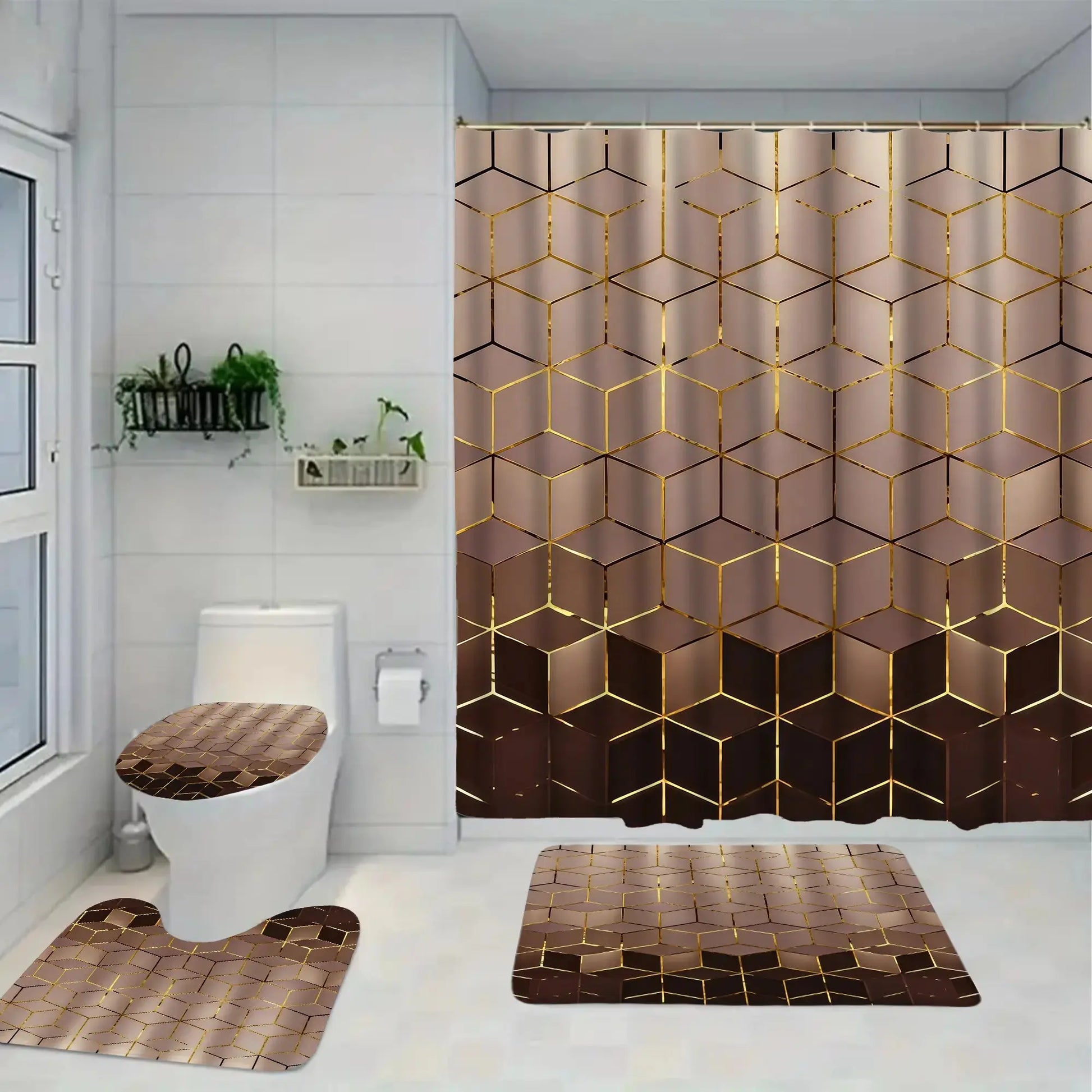 1/4 Piece Golden Cube Pattern Bathroom Set, Waterproof Shower Curtain with 12 Hooks, Non-Slip Bathroom Carpet, Toilet U-Shaped Cushion, Toilet Seat Cover Cushion, Bathroom Decoration, Bathroom Shower Curtain Set, Perfect Mobile Gift.