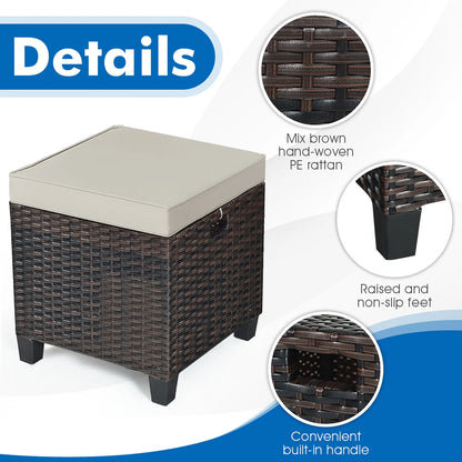 2PCS Patio Rattan Ottoman Cushioned Seat Foot Rest Coffee Table