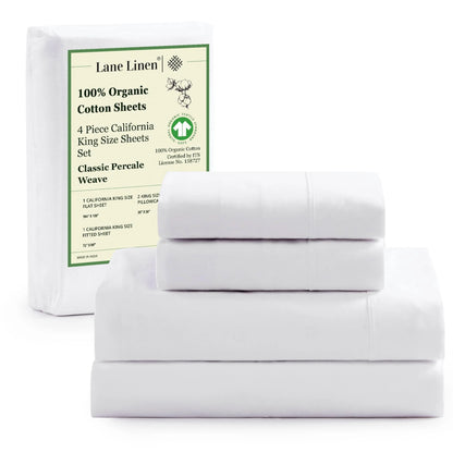 LANE LINEN 100% Organic Cotton Percale Weave Sheets Set - 15" Deep Pocket Fitted Sheet, Breathable Bedding for Dorm Rooms, White Twin Size Bed Essentials