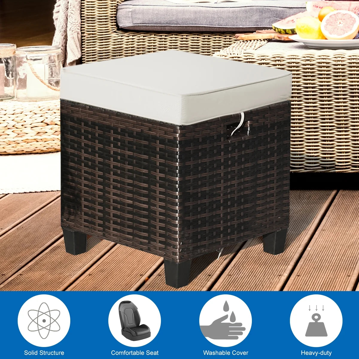 2PCS Patio Rattan Ottoman Cushioned Seat Foot Rest Coffee Table