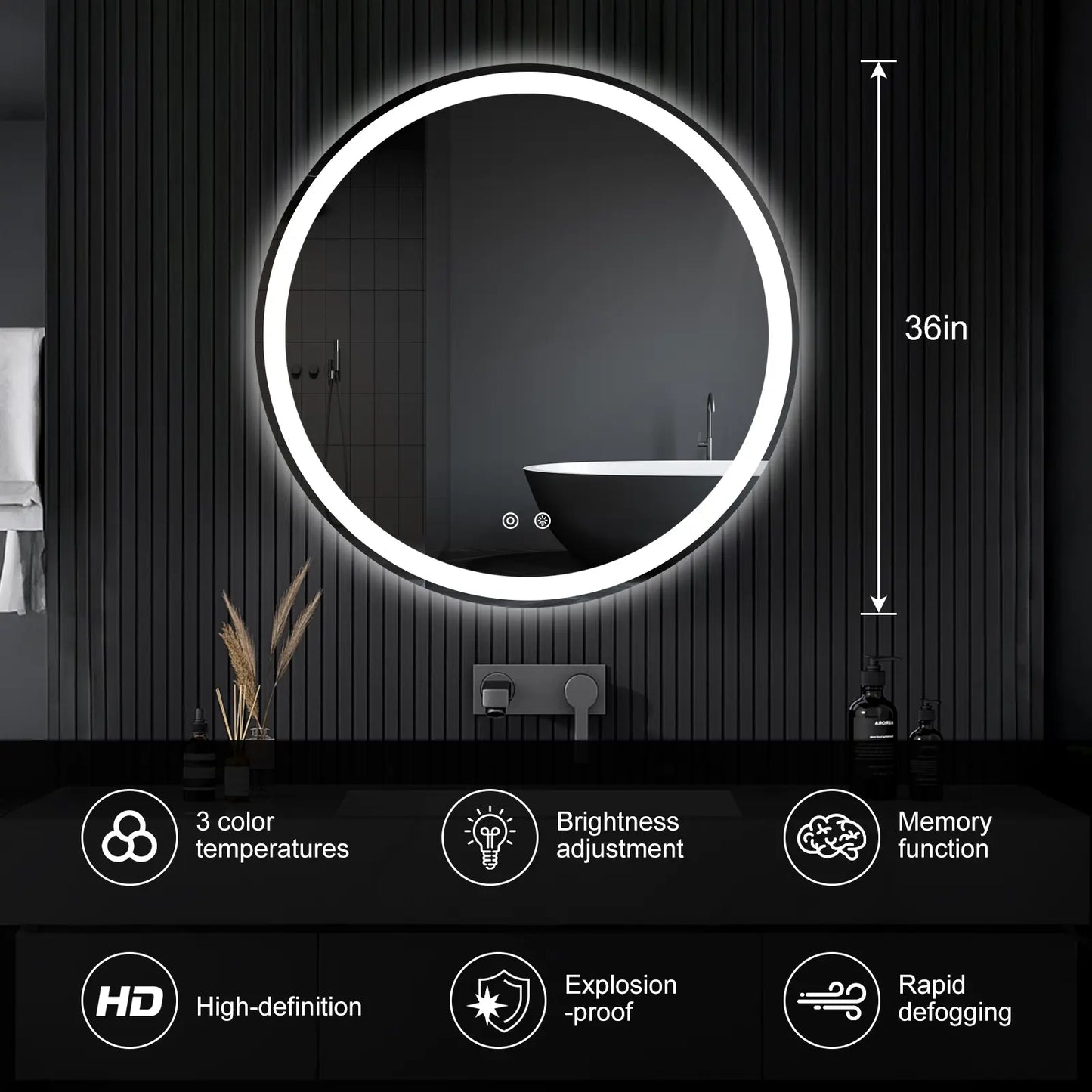 Round LED Bathroom Mirror with Lights, Circle Vanity Mirror with Anti-Fog, Dimmable, 3-Color Light, Memory Function, Tempered Glass