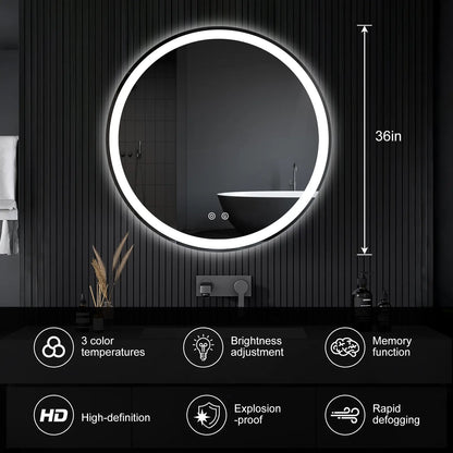 Round LED Bathroom Mirror with Lights, Circle Vanity Mirror with Anti-Fog, Dimmable, 3-Color Light, Memory Function, Tempered Glass