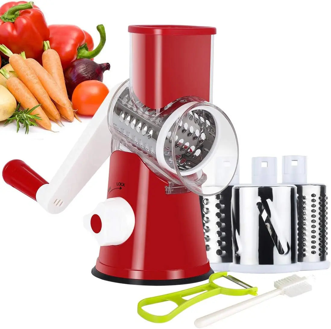 Rotary Cheese Grater with Handle Vegetable Shredder with 5 Well-Designed Blades & Strong Suction Base, round Mandoline Slicer & Food Chopper with Blade Storage Box (Red)