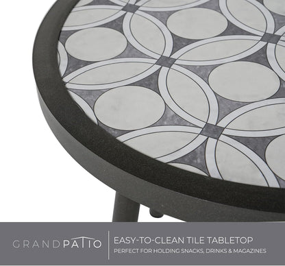 Outdoor Side Table, round End Table with Creamy White Ceramic Tile Tabletop