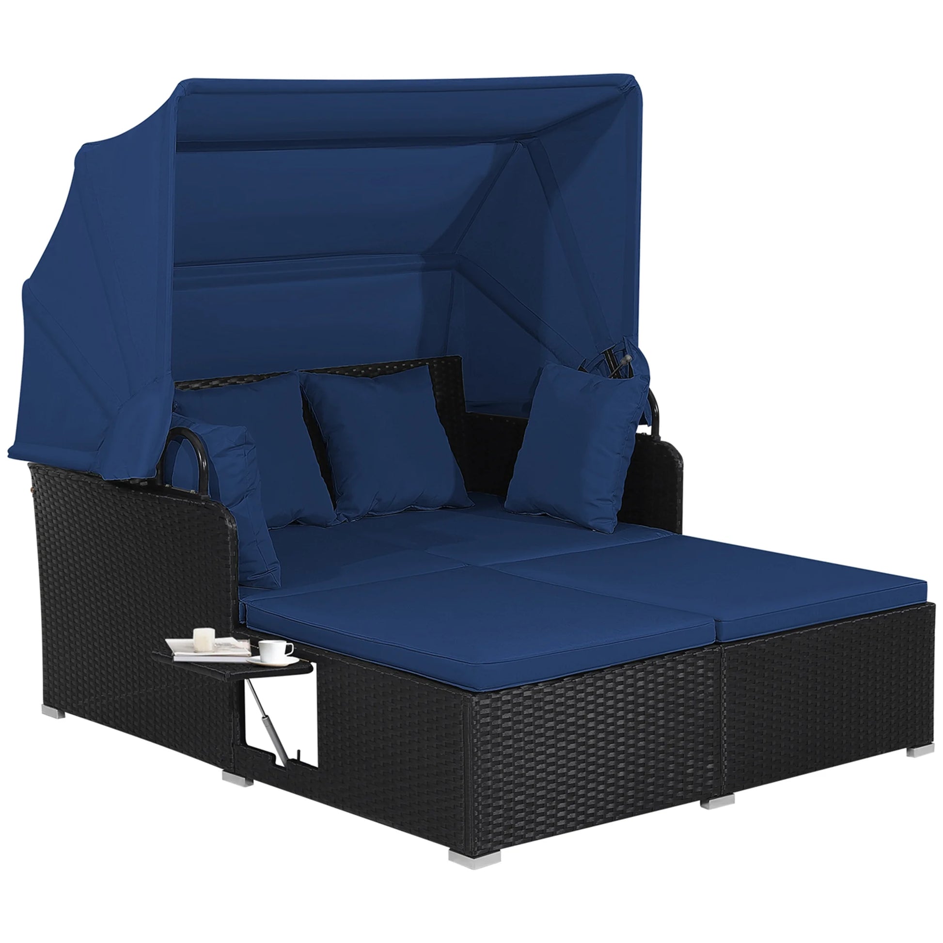 Patio Rattan Daybed Lounge Retractable Top Canopy Side Tables Cushions Navy