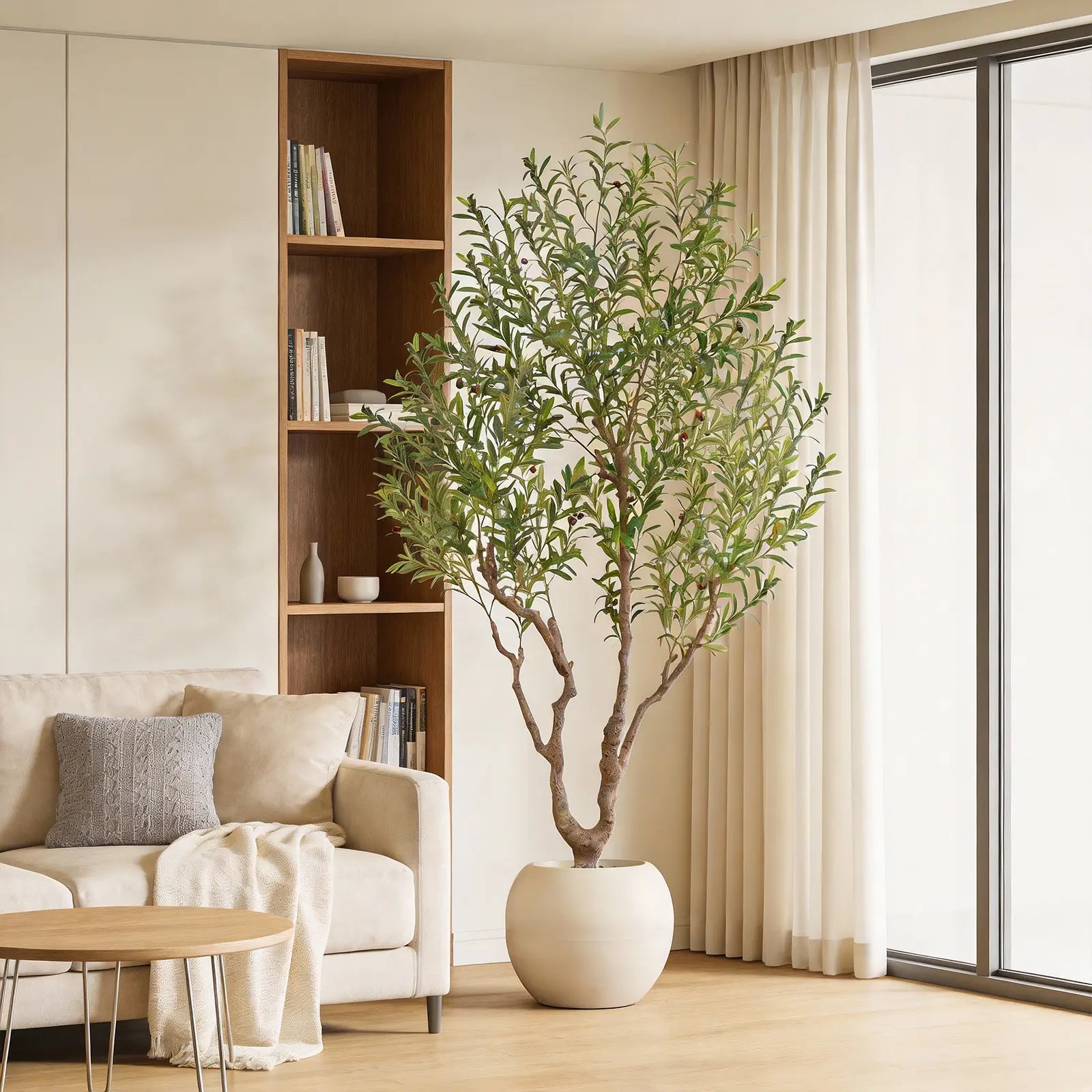 Exquisite Artificial Olive Tree, 7 Feet/8 Feet Tall, with a 16-Inch round White Pot, Decorated with Delicate Moss, Artificial Plants, a Natural Wood Trunk, and Lifelike Fruit. Ideal for Home and Office Decor.