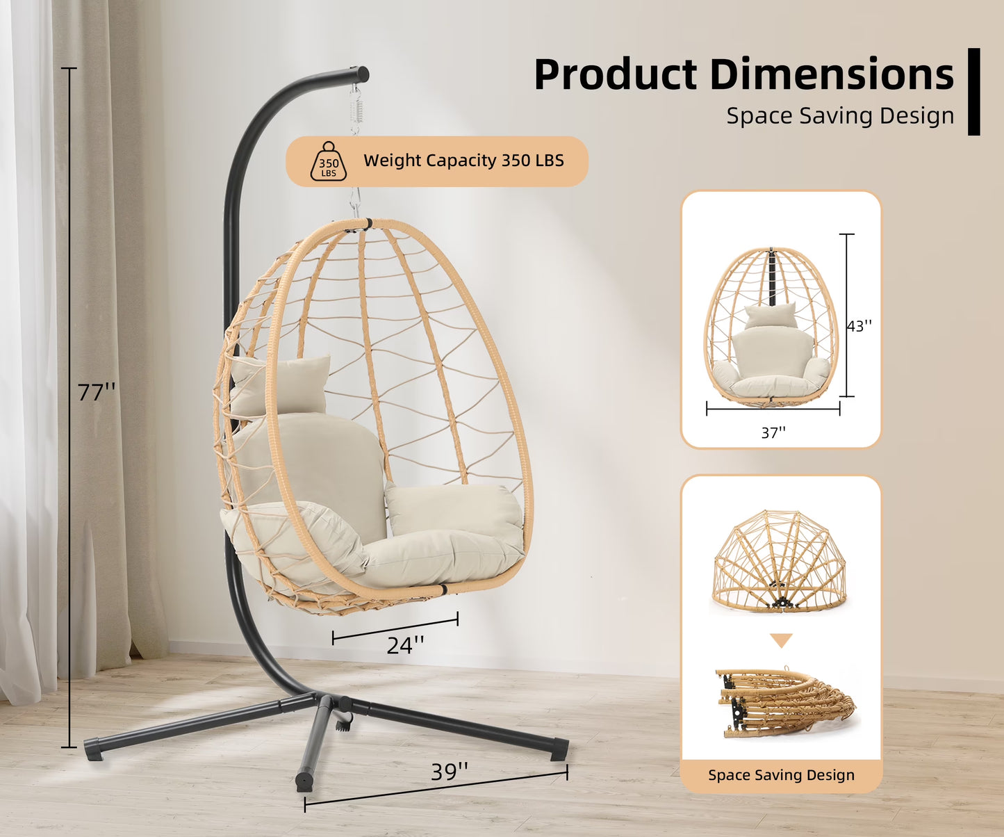 Indoor Outdoor Swing Egg Chair with Stand, Patio Wicker Hanging Egg Basket Chair with Soft Cushion 350LBS Capacity Yellow&Beige
