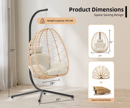 Indoor Outdoor Swing Egg Chair with Stand, Patio Wicker Hanging Egg Basket Chair with Soft Cushion 350LBS Capacity Yellow&Beige