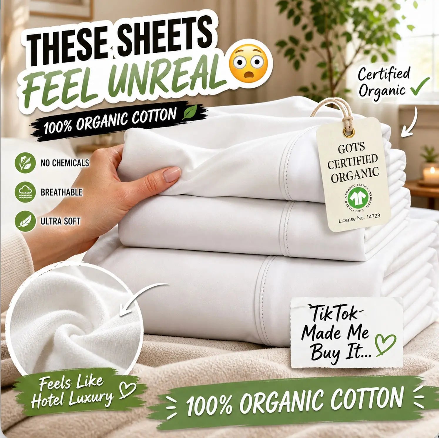 LANE LINEN 100% Organic Cotton Percale Weave Sheets Set - 15" Deep Pocket Fitted Sheet, Breathable Bedding for Dorm Rooms, White Twin Size Bed Essentials