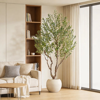 Exquisite Artificial Olive Tree, 7 Feet/8 Feet Tall, with a 16-Inch round White Pot, Decorated with Delicate Moss, Artificial Plants, a Natural Wood Trunk, and Lifelike Fruit. Ideal for Home and Office Decor.