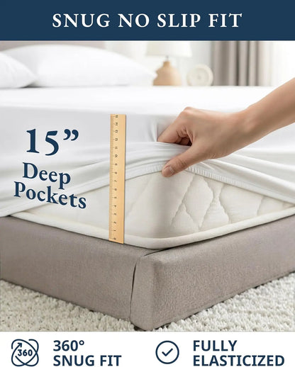 LANE LINEN 100% Organic Cotton Percale Weave Sheets Set - 15" Deep Pocket Fitted Sheet, Breathable Bedding for Dorm Rooms, White Twin Size Bed Essentials