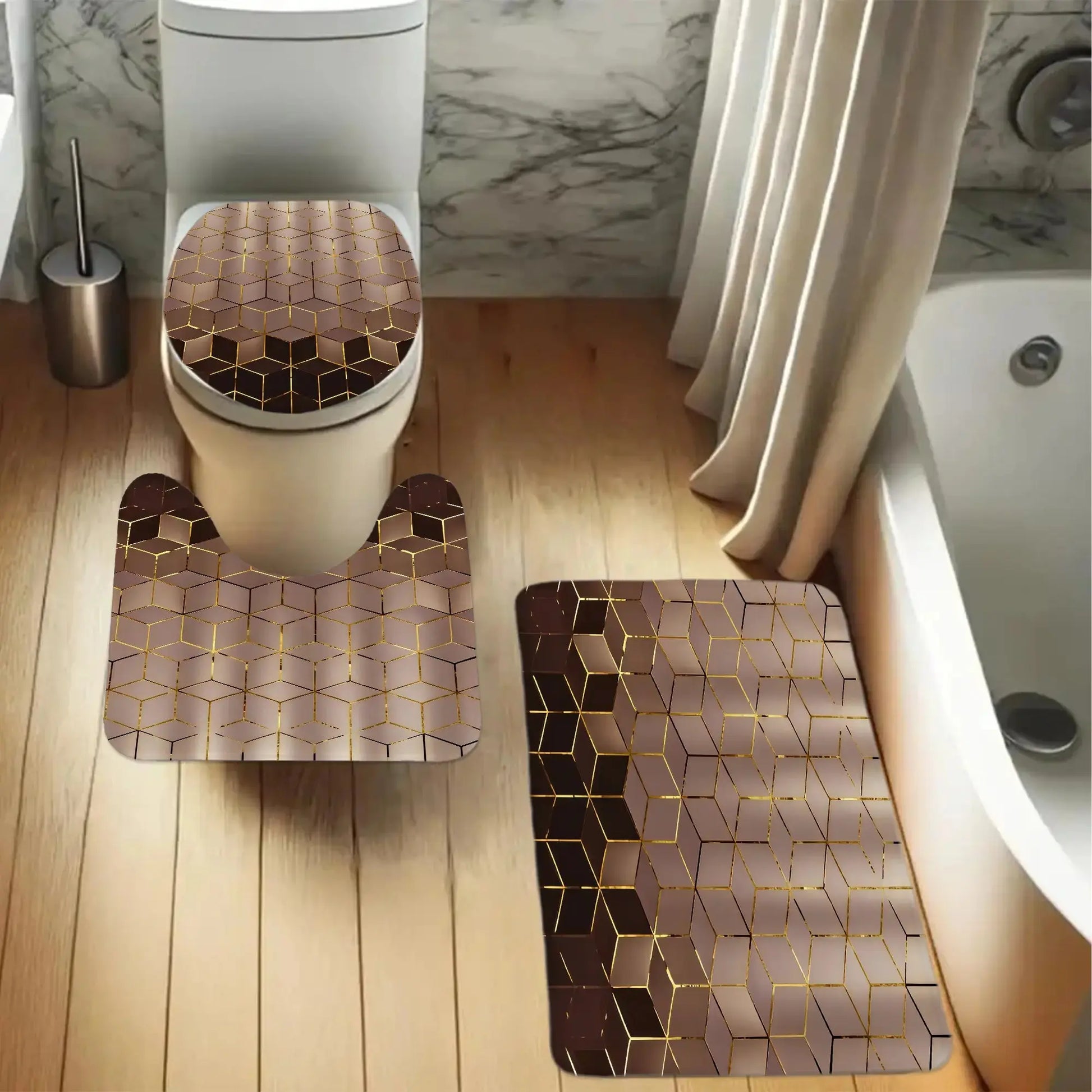 1/4 Piece Golden Cube Pattern Bathroom Set, Waterproof Shower Curtain with 12 Hooks, Non-Slip Bathroom Carpet, Toilet U-Shaped Cushion, Toilet Seat Cover Cushion, Bathroom Decoration, Bathroom Shower Curtain Set, Perfect Mobile Gift.