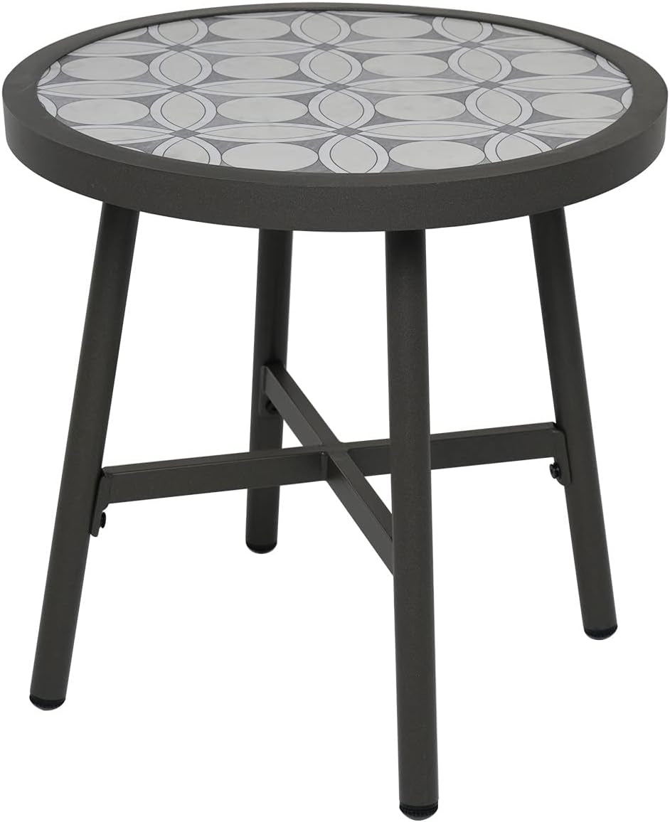 Outdoor Side Table, round End Table with Creamy White Ceramic Tile Tabletop