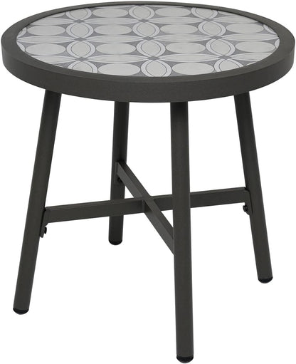 Outdoor Side Table, round End Table with Creamy White Ceramic Tile Tabletop