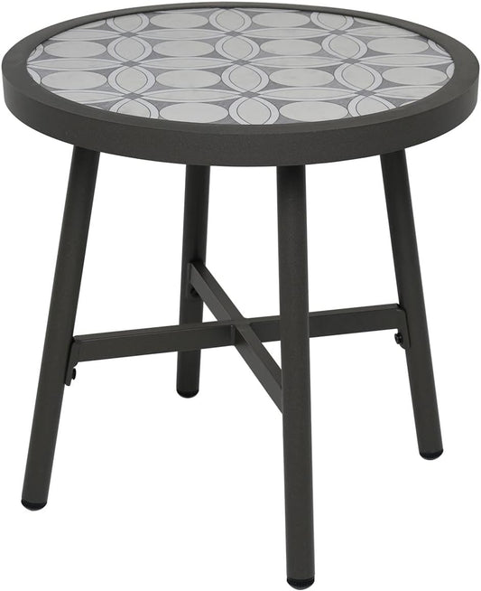 Outdoor Side Table, round End Table with Creamy White Ceramic Tile Tabletop