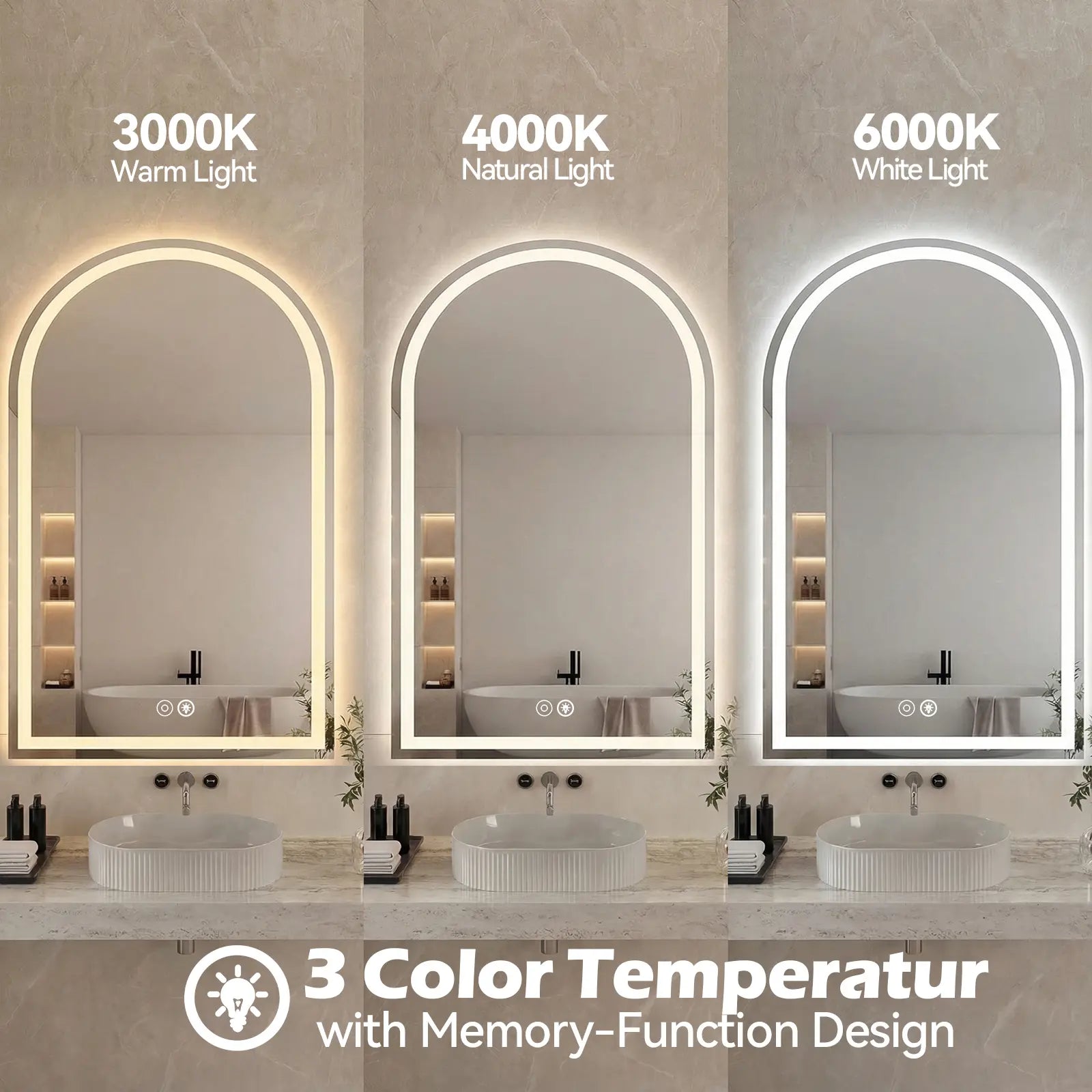 LED Bathroom Mirror with Light ，Dimmable Anti-Fog & 3 Color Temperatures ，Premium Aluminum Frame Mirror for Vanity and Modern Bathroom