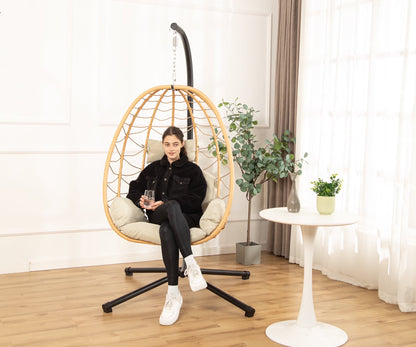 Indoor Outdoor Swing Egg Chair with Stand, Patio Wicker Hanging Egg Basket Chair with Soft Cushion 350LBS Capacity Yellow&Beige
