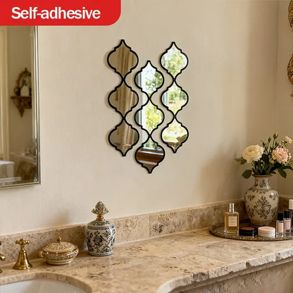 9Pcs Large Moroccan-Style Artistic Combination Decorative Wall Mounted Mirror | Classic Black, Wall Mount, Plastic Frame, Polished End - Ideal for Bathroom, Living Room, Hallway Decor, Decoration, Perfect Valentine'S Day Gift