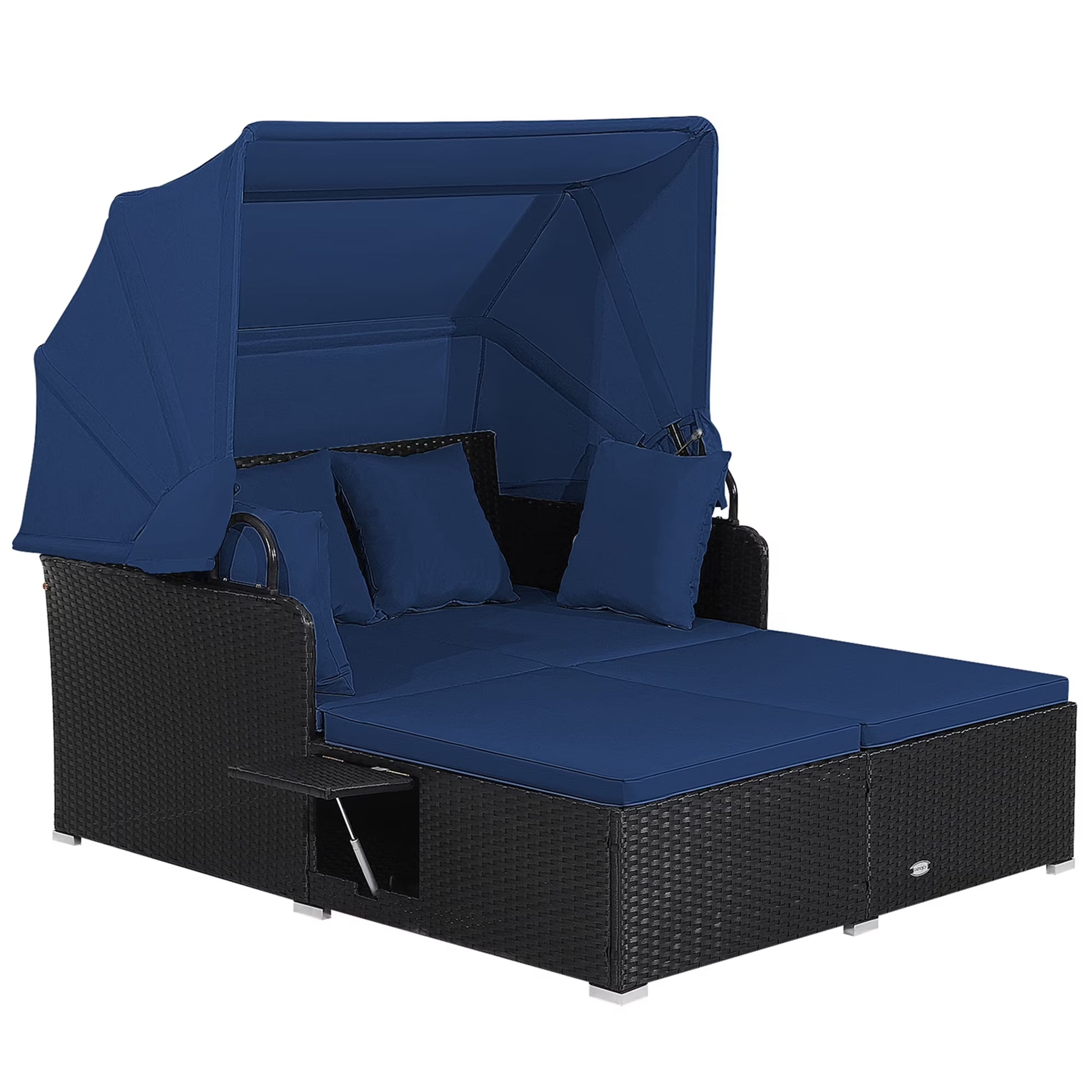 Patio Rattan Daybed Lounge Retractable Top Canopy Side Tables Cushions Navy
